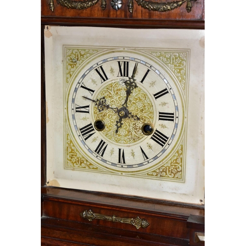 343 - TWO ANTIQUE CLOCKS, comprising a black slate and marble mantel clock, with white enamel dial bearing... 