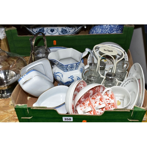 350 - THREE BOXES AND LOOSE CERAMICS, GLASS AND METALWARES, to include a boxed turn wine decanter and wine... 