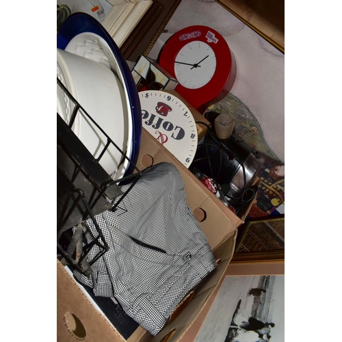 355 - FOUR BOXES AND LOOSE SNOWBOARDING CLOTHING, RAILWAY CARRIAGE PLATE, CERAMICS, PICTURES AND SUNDRY IT... 