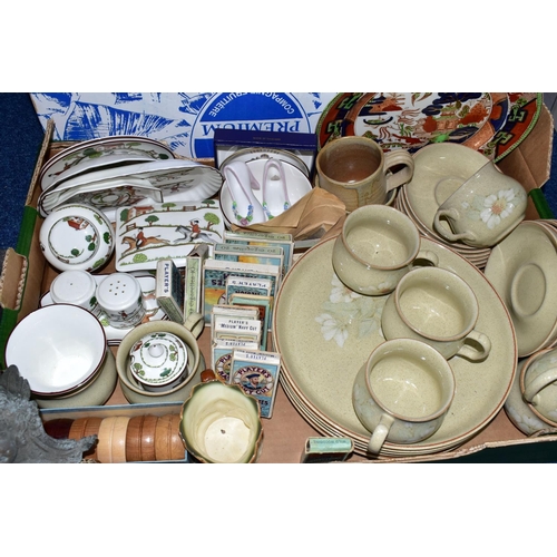 356 - TWO BOXES AND LOOSE CERAMICS, GLASS, METALWARES AND SUNDRY ITEMS, to include a twenty one piece Denb... 