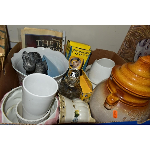 356 - TWO BOXES AND LOOSE CERAMICS, GLASS, METALWARES AND SUNDRY ITEMS, to include a twenty one piece Denb... 