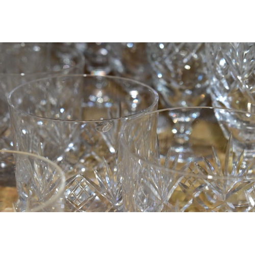 362 - A QUANTITY OF CUT CRYSTAL, comprising a set of six Waterford 'Lismore' Crystal tumblers, a water jug... 