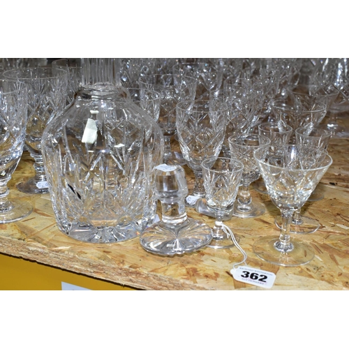 362 - A QUANTITY OF CUT CRYSTAL, comprising a set of six Waterford 'Lismore' Crystal tumblers, a water jug... 