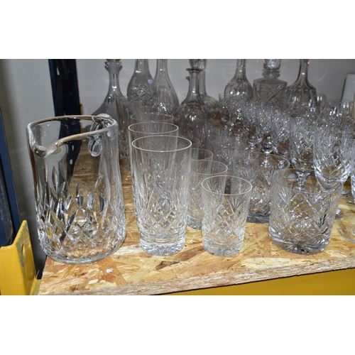 362 - A QUANTITY OF CUT CRYSTAL, comprising a set of six Waterford 'Lismore' Crystal tumblers, a water jug... 