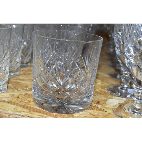 362 - A QUANTITY OF CUT CRYSTAL, comprising a set of six Waterford 'Lismore' Crystal tumblers, a water jug... 