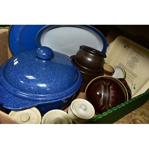 364 - FIVE BOXES OF KITCHENWARE AND CERAMICS, to include John Webb salt glazed pottery cannisters, pots, c... 