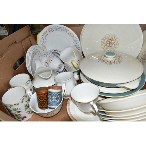 364 - FIVE BOXES OF KITCHENWARE AND CERAMICS, to include John Webb salt glazed pottery cannisters, pots, c... 