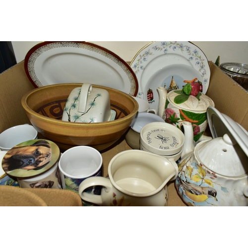 364 - FIVE BOXES OF KITCHENWARE AND CERAMICS, to include John Webb salt glazed pottery cannisters, pots, c... 