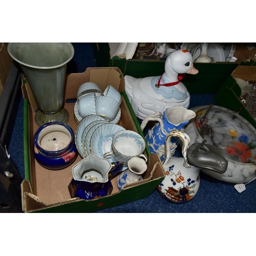 366 - FIVE BOXES OF CERAMICS AND GLASSWARE, to include a Minton 'Symphony' pattern tea set, a 1930s glass ... 