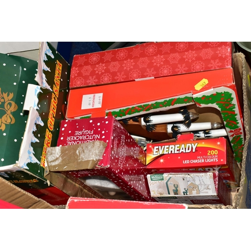 367 - FIVE BOXES OF CHRISTMAS DECORATIONS, to include a boxed 3.5ft Christmas tree, a boxed pre- lit Chris... 