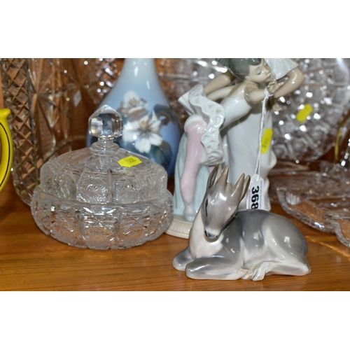 368 - A GROUP OF BOHEMIAN 'QUEEN LACE' CUT GLASS, TWO LLADRO NAO SCULPTURES AND TWO ROYAL COPENHAGEN FIGUR... 