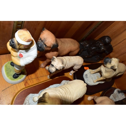 371 - A COLLECTION OF BULL MASTIFF DOG FIGURINES, comprising a bronzed effect figure of a girl reading to ... 