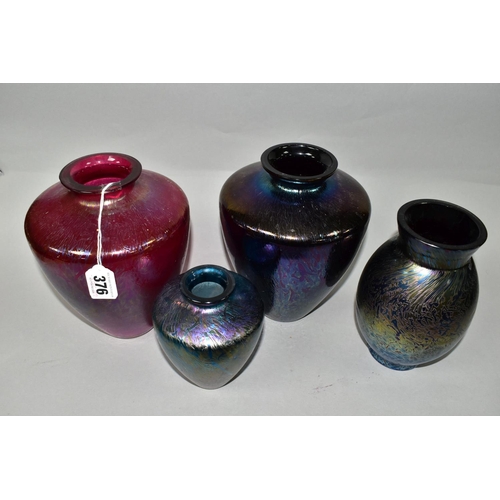 376 - FOUR ROYAL BRIERLEY STUDIO IRIDESCENT VASES, three of tapering shouldered form in red and blue, toge... 