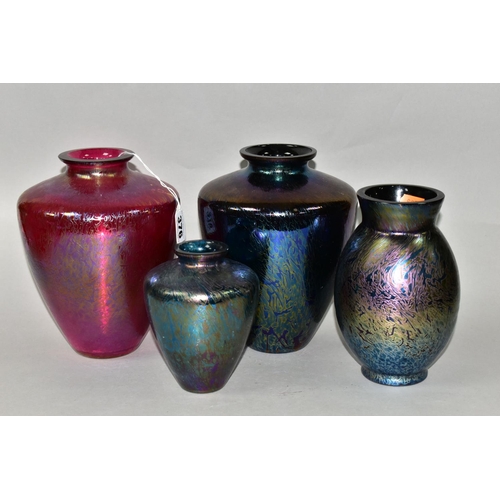 376 - FOUR ROYAL BRIERLEY STUDIO IRIDESCENT VASES, three of tapering shouldered form in red and blue, toge... 