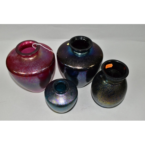 376 - FOUR ROYAL BRIERLEY STUDIO IRIDESCENT VASES, three of tapering shouldered form in red and blue, toge... 