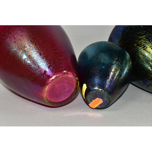 376 - FOUR ROYAL BRIERLEY STUDIO IRIDESCENT VASES, three of tapering shouldered form in red and blue, toge... 