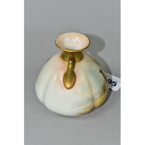 395 - A ROYAL WORCESTER TWIN HANDLED VASE, of squat bulbous form, shape no 155, painted with a pair of phe... 