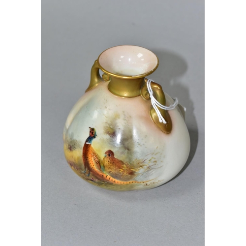 395 - A ROYAL WORCESTER TWIN HANDLED VASE, of squat bulbous form, shape no 155, painted with a pair of phe... 