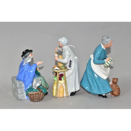 400 - THREE ROYAL DOULTON FIGURINES, comprising Tuppence A Bag HN2320 (base UV postcode marked), A Penny's... 