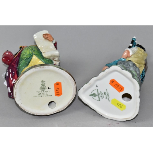 406 - TWO ROYAL DOULTON FIGURINES, comprising Town Crier HN2119 and The Piper HN2907, height of tallest 21... 