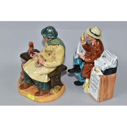 408 - TWO ROYAL DOULTON FIGURINES, comprising Stop Press HN2683 and Lunchtime HN2485, height of tallest fi... 