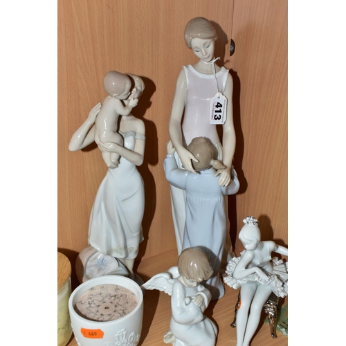 413 - A GROUP OF LLADRO FIGURINES AND CANDLES, comprising four figurines: 'Loving Protection' 8245 sculpto... 