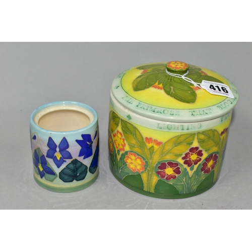 416 - A DENNIS CHINA WORKS LTD PRIMROSE BISCUIT BARREL AND TRIAL POT, the biscuit barrel tube lined with d... 