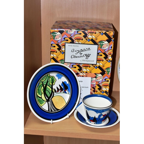 424 - A BOXED WEDGWOOD CLARICE CLIFF LIMITED EDITION 'MAY AVENUE' CONICAL TEACUP, SAUCER AND SIDE PLATE, b... 