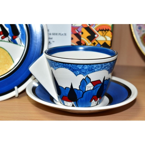 424 - A BOXED WEDGWOOD CLARICE CLIFF LIMITED EDITION 'MAY AVENUE' CONICAL TEACUP, SAUCER AND SIDE PLATE, b... 