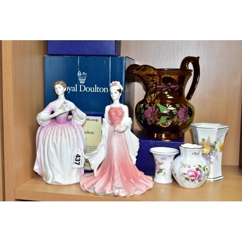 437 - A GROUP OF CERAMICS, comprising a boxed Royal Doulton Eleanor figurine HN3906 from the Peggy Davies ... 