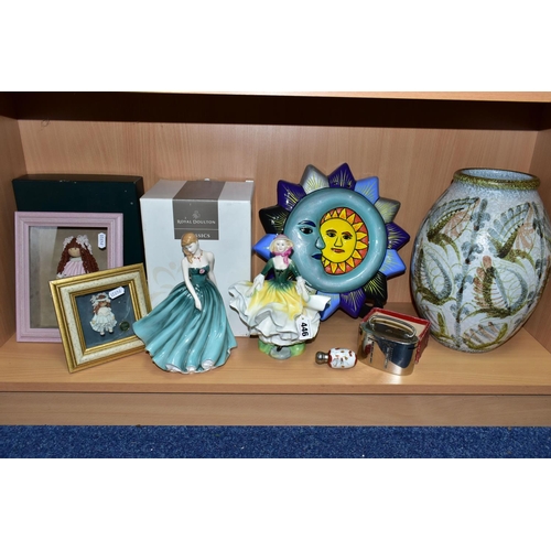 446 - A GROUP OF CERAMICS AND SUNDRY ITEMS, to include a Royal Doulton Becky figurine HN2740, a boxed Roya... 