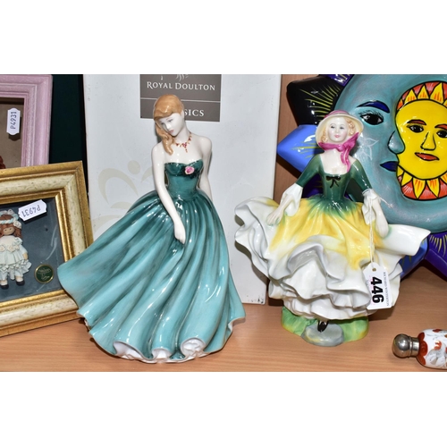 446 - A GROUP OF CERAMICS AND SUNDRY ITEMS, to include a Royal Doulton Becky figurine HN2740, a boxed Roya... 