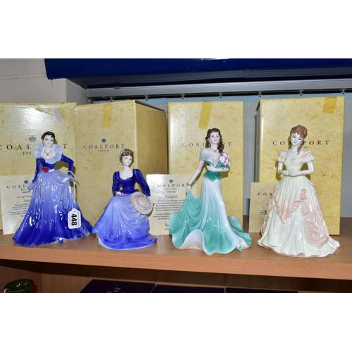 448 - FOUR BOXED COALPORT FIGURINES, comprising Ladies of Fashion 'Anne' Figurine of the Year 1997, with c... 