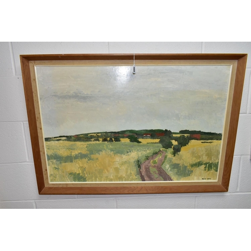 460 - BRUCE HURN (BRITISH 1926-?) 'NORFOLK FARM' an extensive open landscape with a pathway leading to a f... 