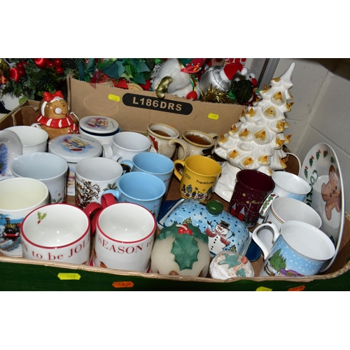 469 - SEVEN BOXES OF CHRISTMAS DECORATIONS AND ORNAMENTS, to include sixteen Christmas themed mugs, Christ... 