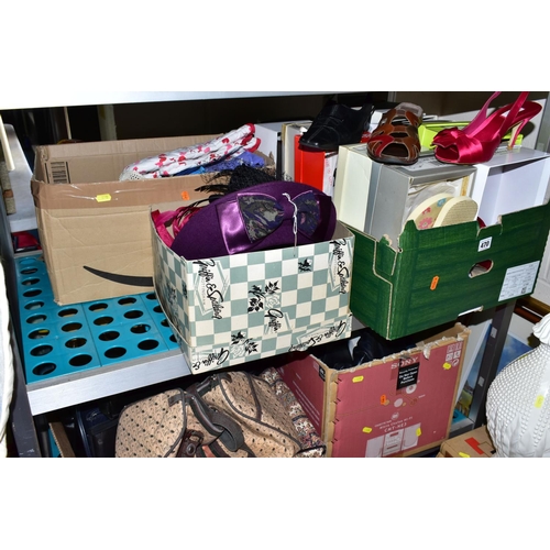 470 - FIVE BOXES OF ASSORTED HATS, SHOES AND HANDBAGS, to include three pairs of long black leather boots,... 