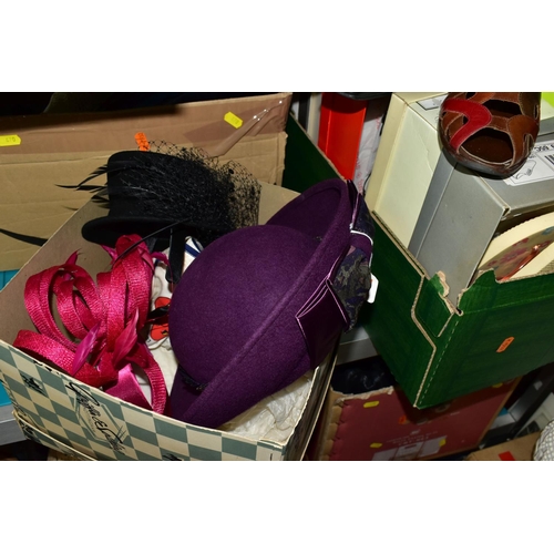 470 - FIVE BOXES OF ASSORTED HATS, SHOES AND HANDBAGS, to include three pairs of long black leather boots,... 