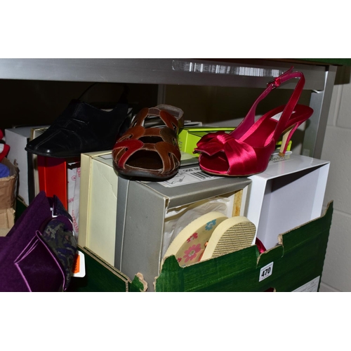 470 - FIVE BOXES OF ASSORTED HATS, SHOES AND HANDBAGS, to include three pairs of long black leather boots,... 