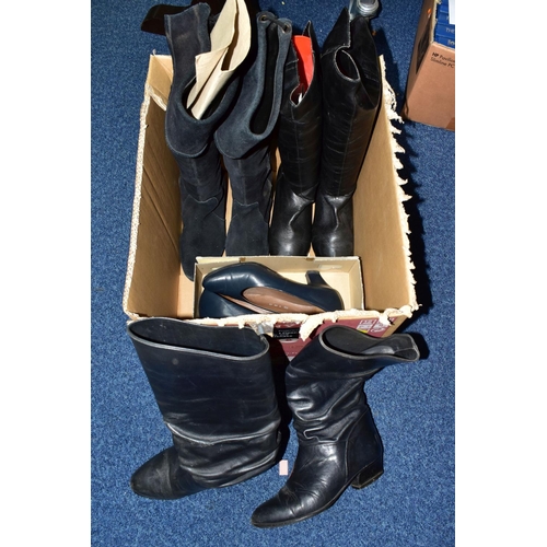 470 - FIVE BOXES OF ASSORTED HATS, SHOES AND HANDBAGS, to include three pairs of long black leather boots,... 