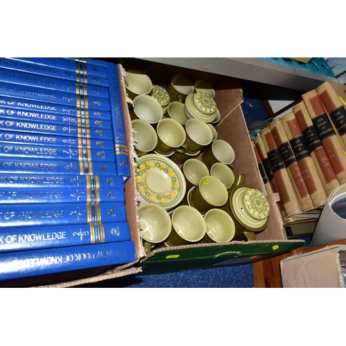 471 - TWO BOXES OF FRANCISCAN 'REFLECTIONS' PATTERN TEA WARES AND ENCYCLOPEDIAS, to include cups, saucers,... 