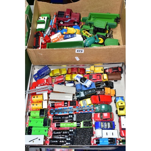 473 - TWO BOXES OF DIECAST MODEL CARS, TRACTORS AND TRAINS TOGETHER WITH A FRAMED MIRROR AND A FRAMED LIMI... 