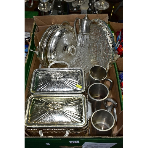 474 - ONE BOX OF METALWARE, to include three stainless steel five flame candelabra, height 39cm, two glass... 