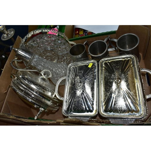 474 - ONE BOX OF METALWARE, to include three stainless steel five flame candelabra, height 39cm, two glass... 