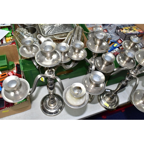 474 - ONE BOX OF METALWARE, to include three stainless steel five flame candelabra, height 39cm, two glass... 