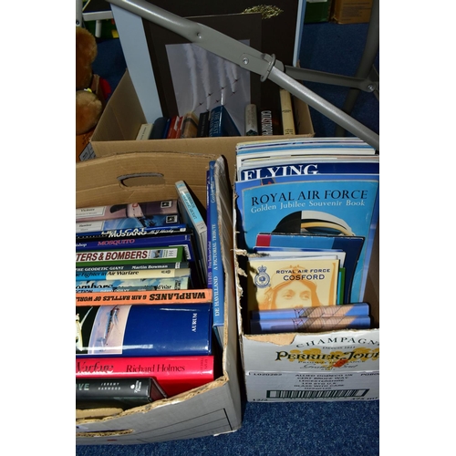 487 - THREE BOXES OF OVER TWENTY ROYAL AIR FORCE AND AIRCRAFT RELATED BOOKS, to include DVDs and photos on... 