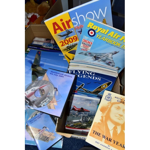 487 - THREE BOXES OF OVER TWENTY ROYAL AIR FORCE AND AIRCRAFT RELATED BOOKS, to include DVDs and photos on... 