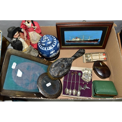 497 - ONE BOX OF SILVER PHOTO FRAMES AND ASSORTED SUNDRIES, to include a boxed pair of coffee spoons, a fr... 