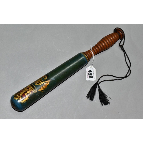 498 - A VICTORIAN POLICEMAN'S TRUNCHEON, painted green and blue, crown and VR, length 33cm (1) (Condition ... 