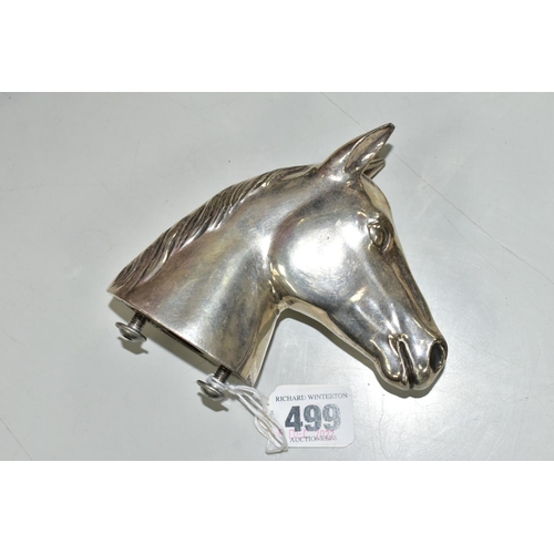 499 - A WHITE METAL FRENCH CAR MASCOT IN THE FORM OF A HORSE'S HEAD, height 11cm, bolts and fixings attach... 