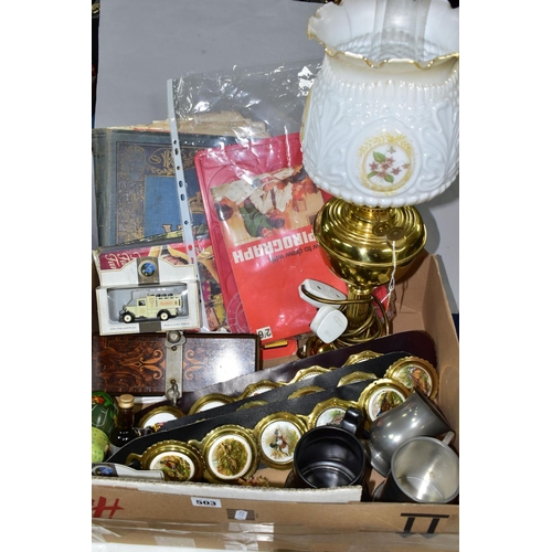 503 - ONE BOX OF SUNDRY ITEMS, to include a modern electric table lamp in the form of a brass oil lamp, tw... 